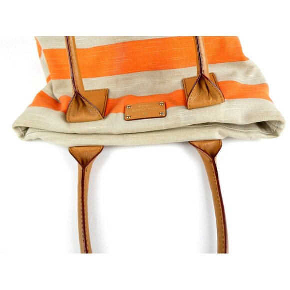 Kate Spade New York Orange & Khaki Striped Canvas Tote Bag With Leather Handles - Picture 8 of 15